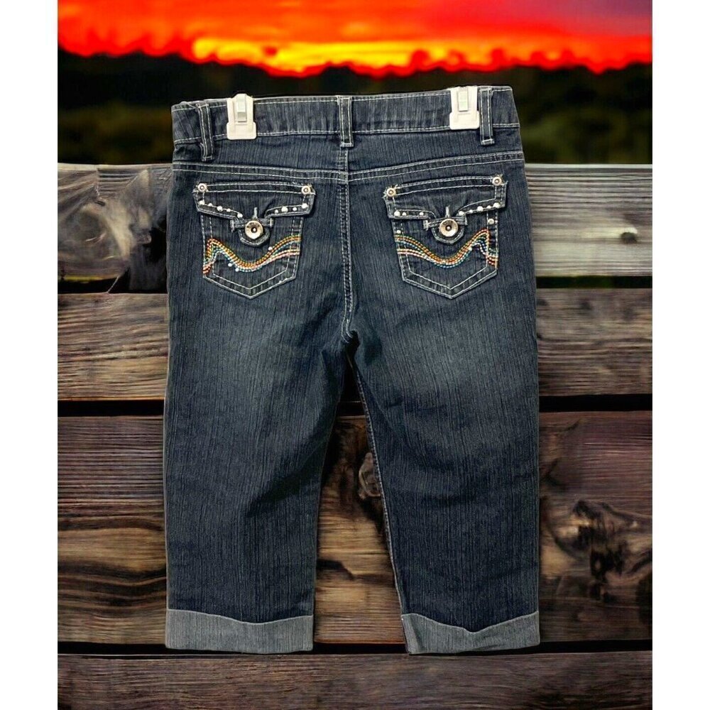 Jolt Girls Capri Denim Jeans Size 12 Blue Cuffed Embroidered Stud Pockets